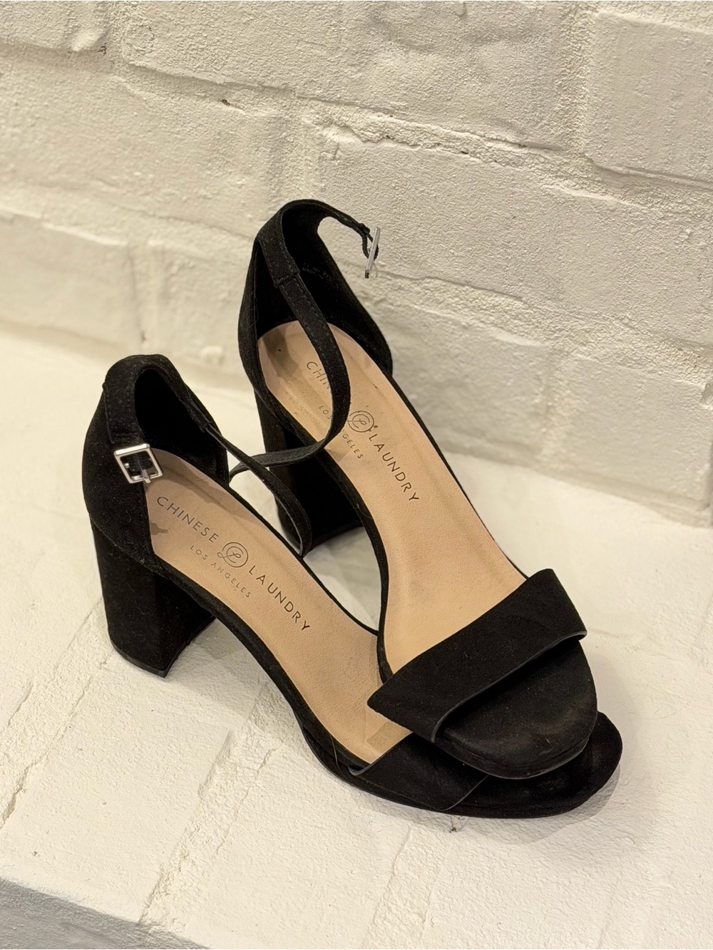 Chinese Laundry Black Suede Block Heel Sandals with Ankle Strap Buckle